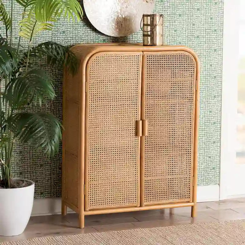 Curacao Modern Bohemian Light Honey Rattan 2-Door Storage Cabinet