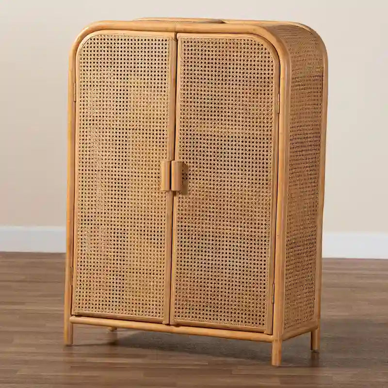 Curacao Modern Bohemian Light Honey Rattan 2-Door Storage Cabinet