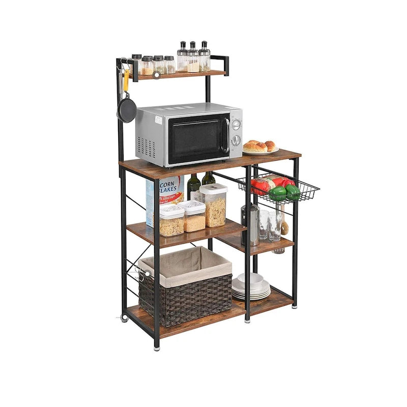 Rustic Brown Bakers Rack Kitchen Shelf with wire Basket and 6 S-Hooks Perfect for Microwave or Oven - 35.4L x 15.7W x 52H