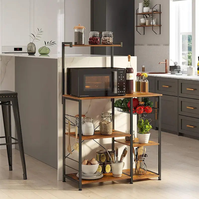 Rustic Brown Bakers Rack Kitchen Shelf with wire Basket and 6 S-Hooks Perfect for Microwave or Oven - 35.4L x 15.7W x 52H