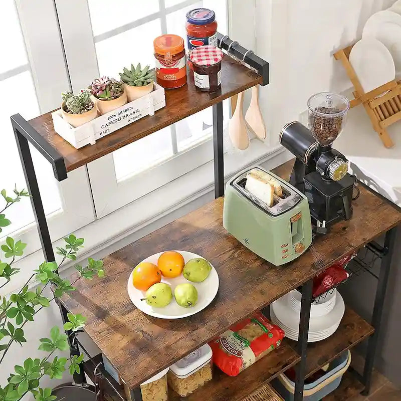 Rustic Brown Bakers Rack Kitchen Shelf with wire Basket and 6 S-Hooks Perfect for Microwave or Oven - 35.4L x 15.7W x 52H
