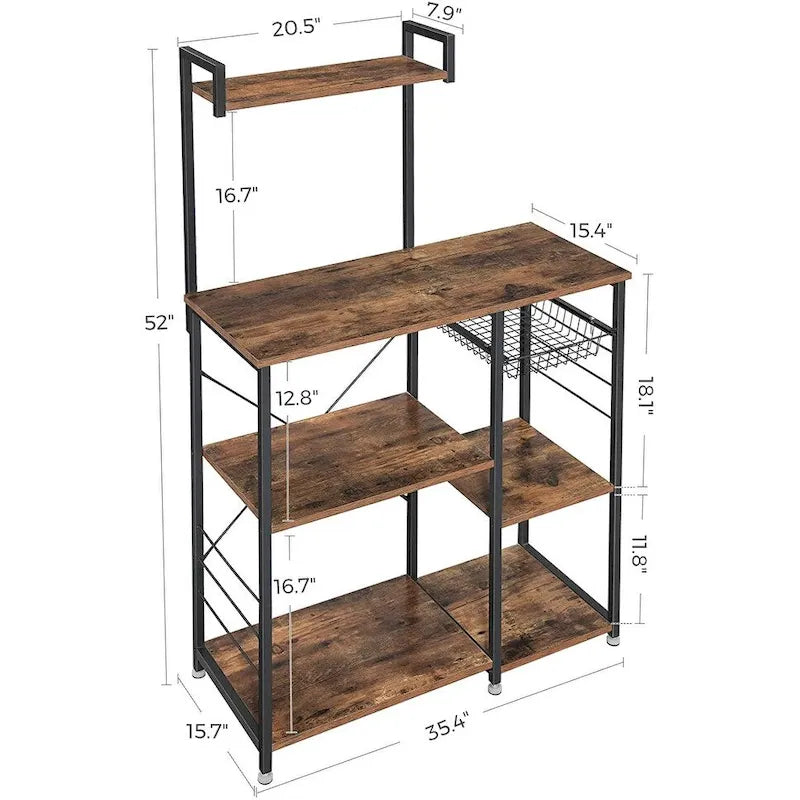 Rustic Brown Bakers Rack Kitchen Shelf with wire Basket and 6 S-Hooks Perfect for Microwave or Oven - 35.4L x 15.7W x 52H