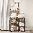 Rustic Brown Bakers Rack Kitchen Shelf with wire Basket and 6 S-Hooks Perfect for Microwave or Oven - 35.4L x 15.7W x 52H