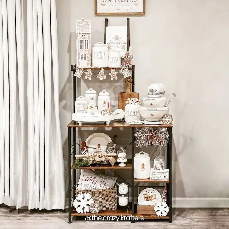 Rustic Brown Bakers Rack Kitchen Shelf with wire Basket and 6 S-Hooks Perfect for Microwave or Oven - 35.4L x 15.7W x 52H