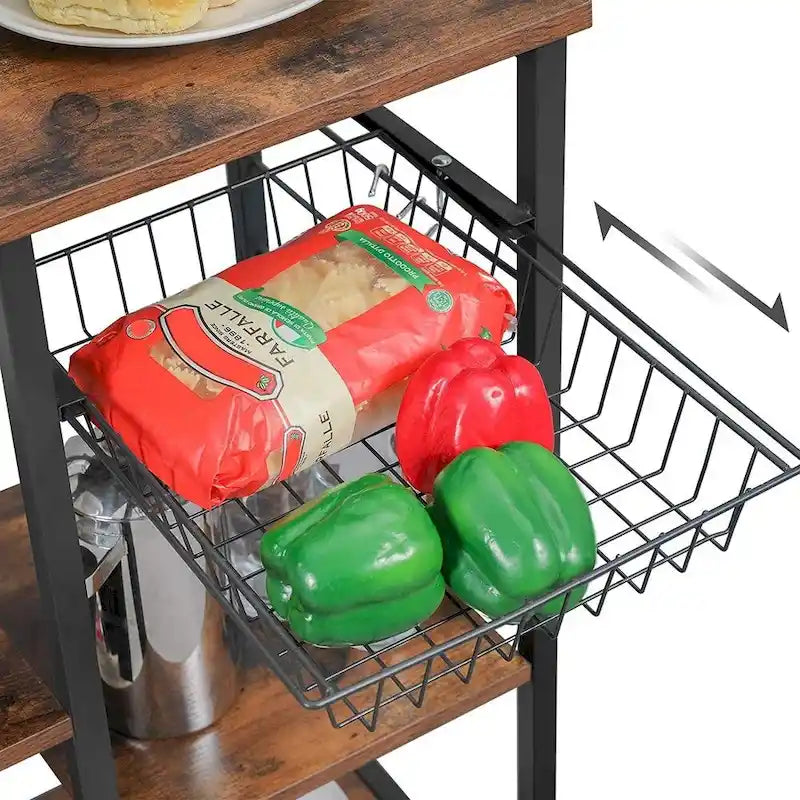 Rustic Brown Bakers Rack Kitchen Shelf with wire Basket and 6 S-Hooks Perfect for Microwave or Oven - 35.4L x 15.7W x 52H