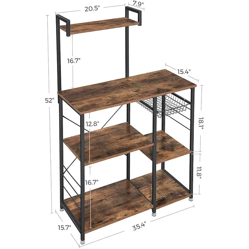 Rustic Brown Bakers Rack Kitchen Shelf with wire Basket and 6 S-Hooks Perfect for Microwave or Oven - 35.4L x 15.7W x 52H