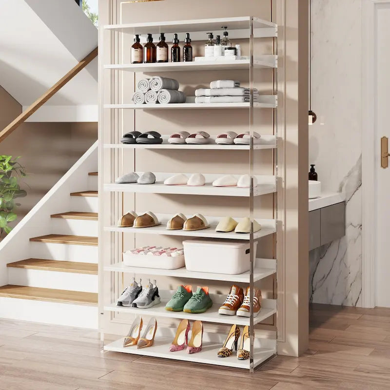 9-Tier Wood Shoe Storage Rack with Acrylic Side for Entryway