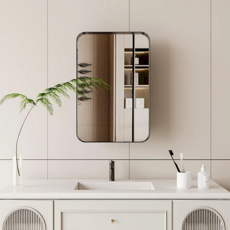 16x24 Inch Recessed Black Metal Framed Medicine Cabinet with Mirror and Adjustable Shelves - 16x24 Inch