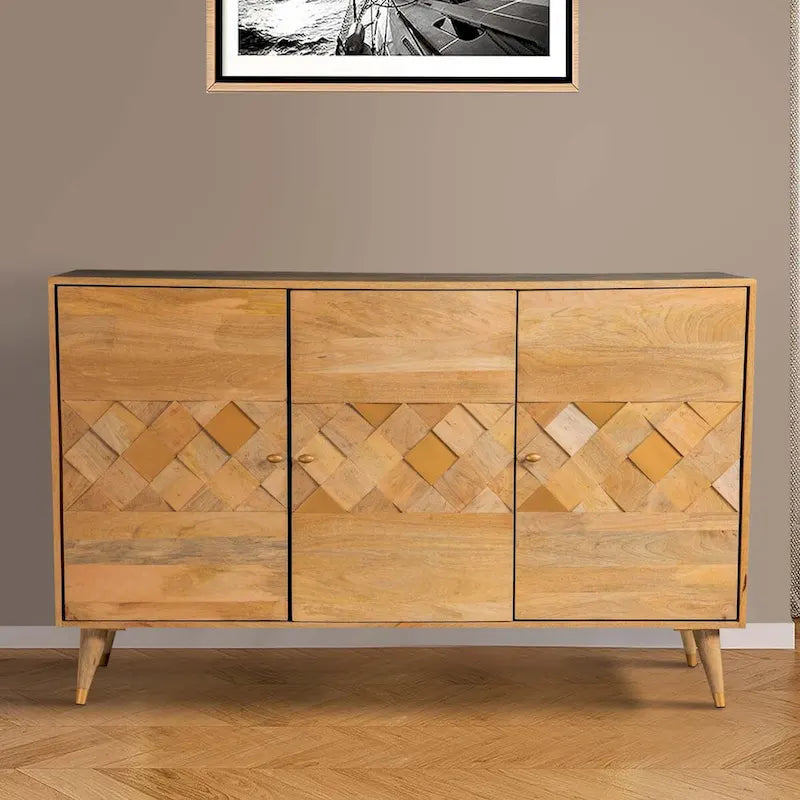 Liv 56 Inch 3 Door Sideboard Cabinet Console, Geometric, Natural Brown