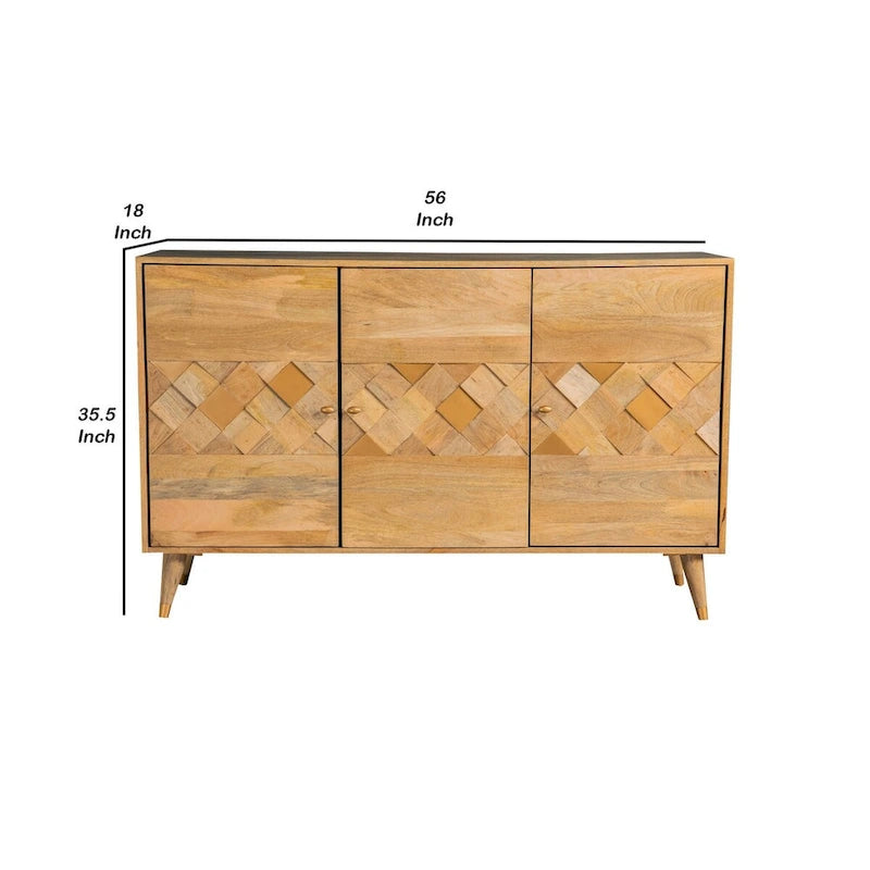 Liv 56 Inch 3 Door Sideboard Cabinet Console, Geometric, Natural Brown