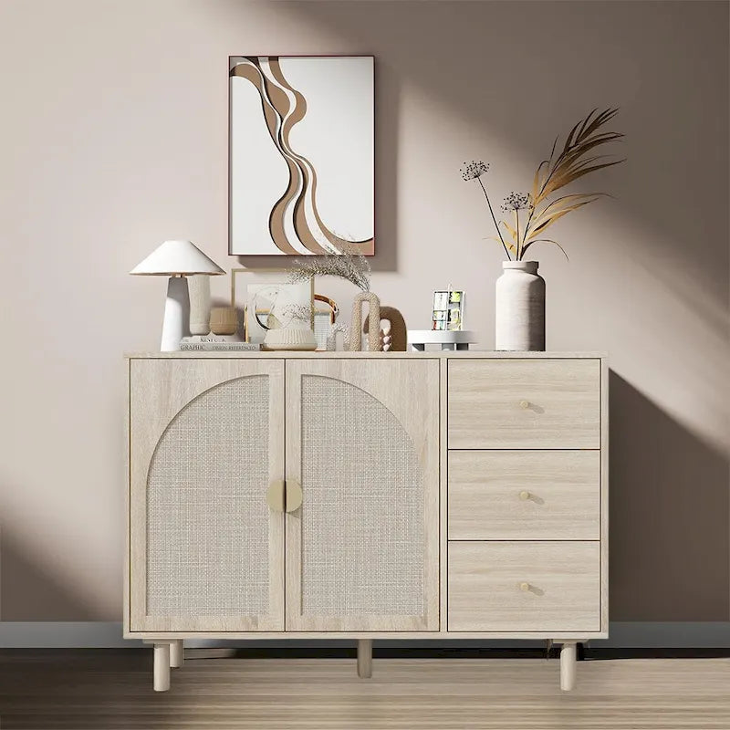 Rattan Cabinet, Sideboard Buffet Cabinet with 2 Doors and 3 Drawers - 44.49Lx15.75Wx31.5H