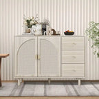 Rattan Cabinet, Sideboard Buffet Cabinet with 2 Doors and 3 Drawers - 44.49Lx15.75Wx31.5H