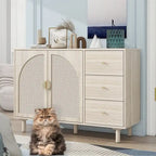 Rattan Cabinet, Sideboard Buffet Cabinet with 2 Doors and 3 Drawers - 44.49Lx15.75Wx31.5H