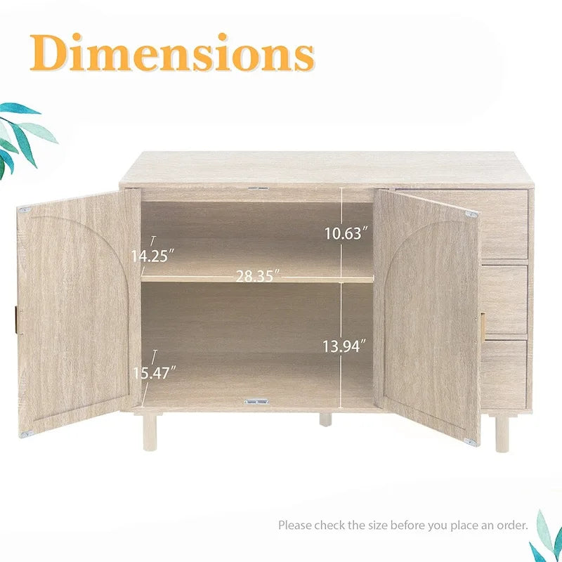 Rattan Cabinet, Sideboard Buffet Cabinet with 2 Doors and 3 Drawers - 44.49Lx15.75Wx31.5H