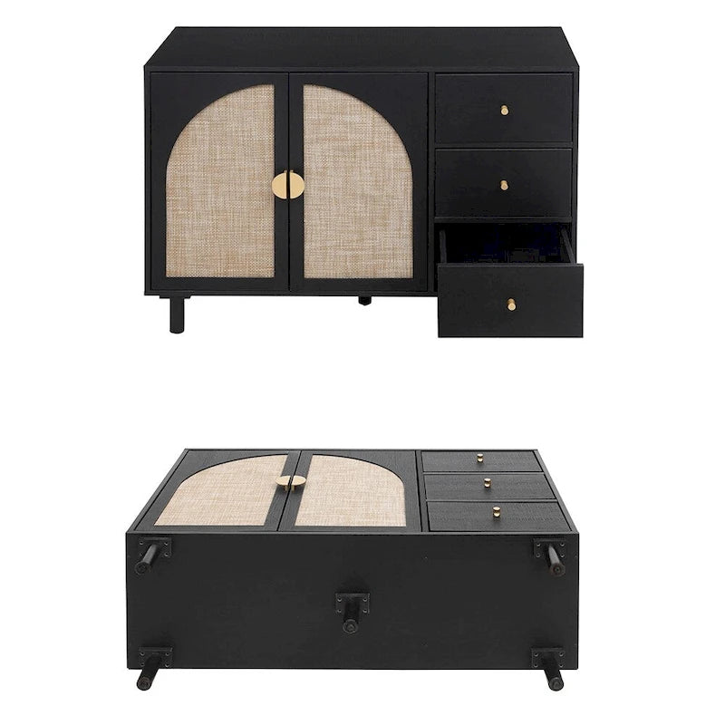 Rattan Cabinet, Sideboard Buffet Cabinet with 2 Doors and 3 Drawers - 44.49Lx15.75Wx31.5H