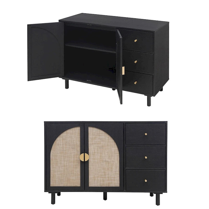Rattan Cabinet, Sideboard Buffet Cabinet with 2 Doors and 3 Drawers - 44.49Lx15.75Wx31.5H