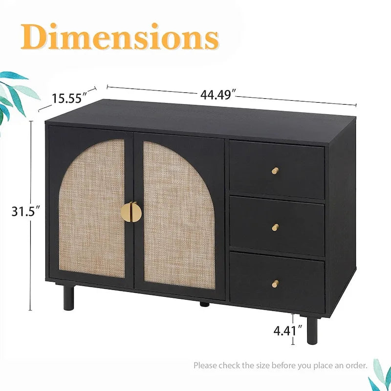 Rattan Cabinet, Sideboard Buffet Cabinet with 2 Doors and 3 Drawers - 44.49Lx15.75Wx31.5H