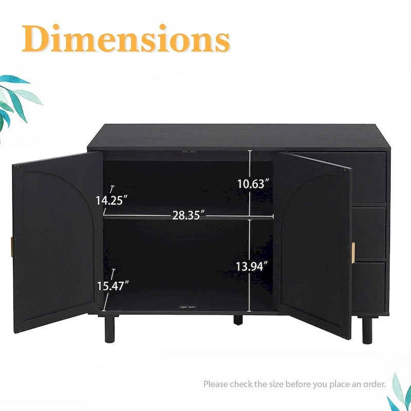 Rattan Cabinet, Sideboard Buffet Cabinet with 2 Doors and 3 Drawers - 44.49Lx15.75Wx31.5H