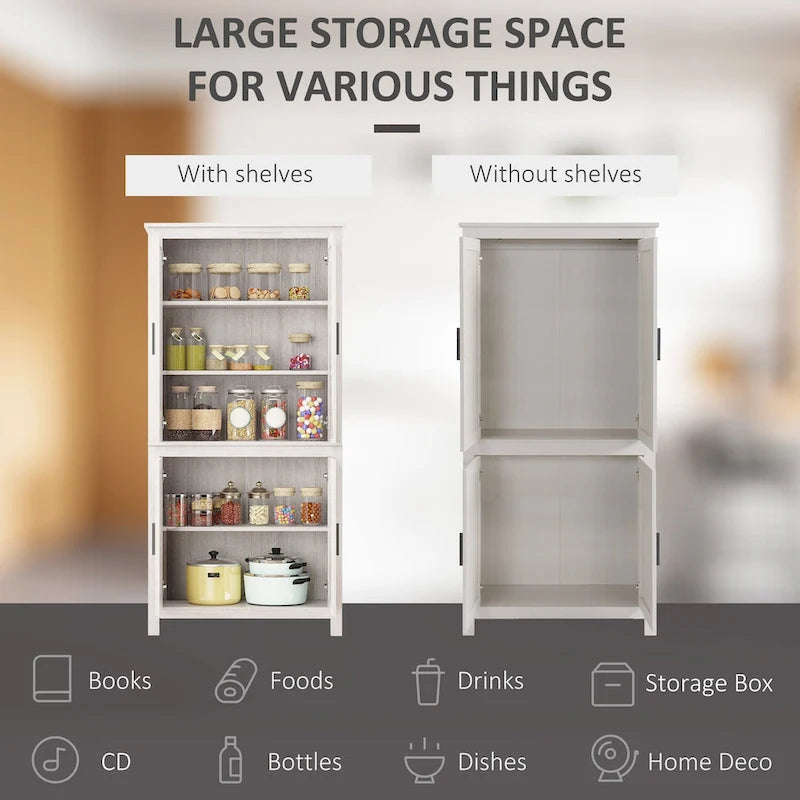 64 4-Door Kitchen Pantry, Freestanding Storage Cabinet with 3 Adjustable Shelves for Kitchen, Dining or Living Room