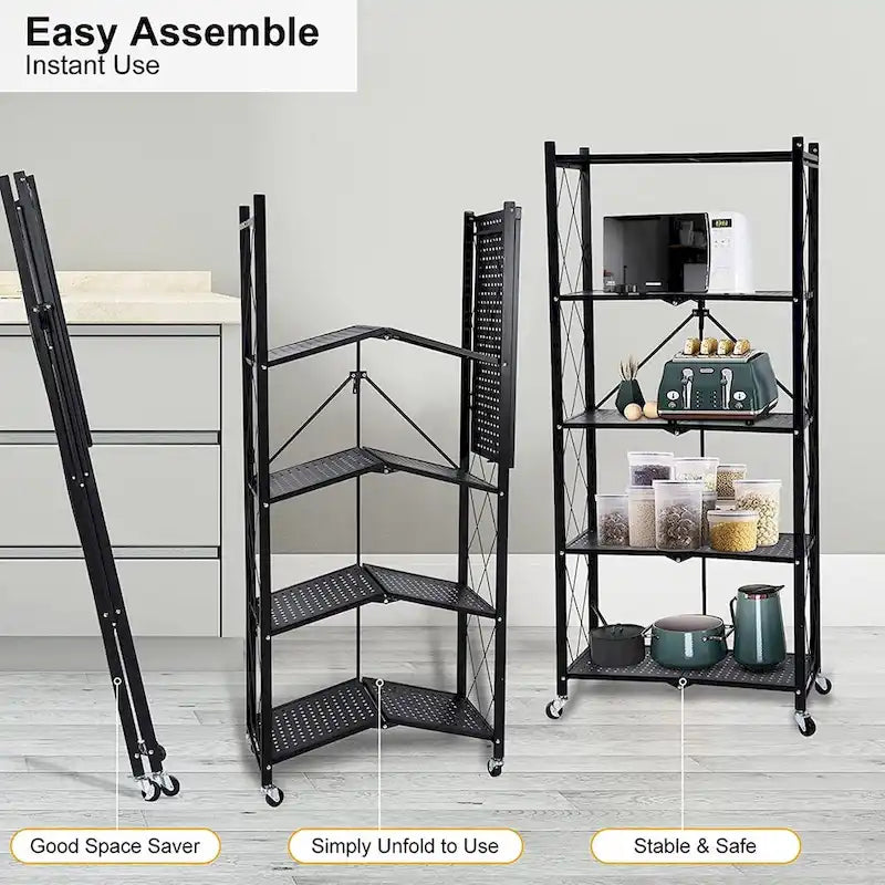 5-Tier Black Heavy Duty Foldable Metal Rack Storage Shelving with Wheels