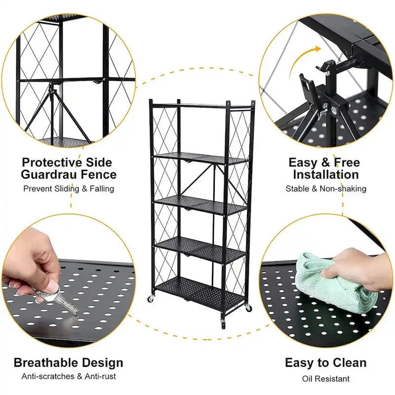 5-Tier Black Heavy Duty Foldable Metal Rack Storage Shelving with Wheels