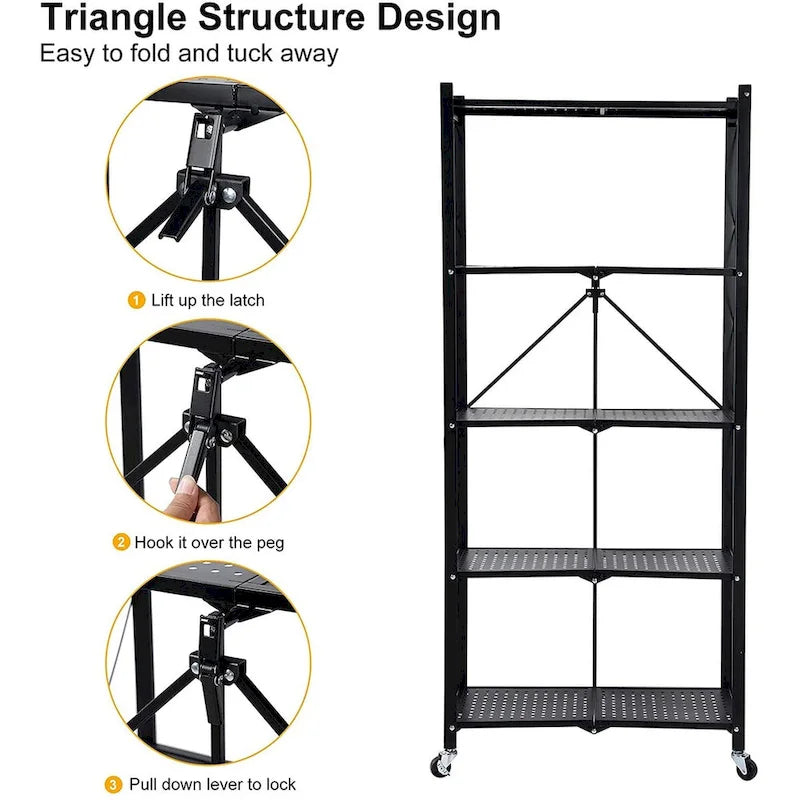 5-Tier Black Heavy Duty Foldable Metal Rack Storage Shelving with Wheels