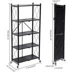 5-Tier Black Heavy Duty Foldable Metal Rack Storage Shelving with Wheels