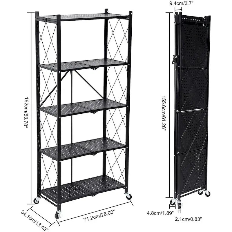 5-Tier Black Heavy Duty Foldable Metal Rack Storage Shelving with Wheels