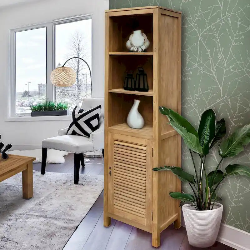 Recycled Teak Wood Louvre Cabinet with 3 Open Shelves and Louvered Door