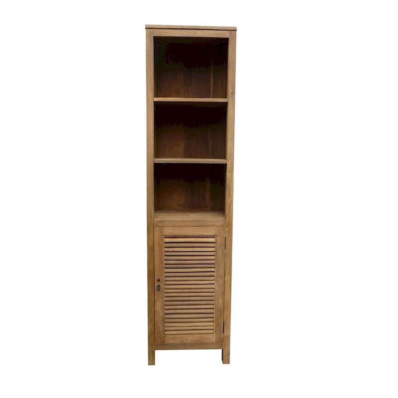 Recycled Teak Wood Louvre Cabinet with 3 Open Shelves and Louvered Door