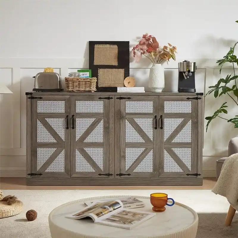 64.96W Rattan Sideboard with 4-Door Storage Cabinet - N/A