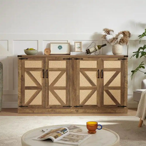 64.96W Rattan Sideboard with 4-Door Storage Cabinet - N/A