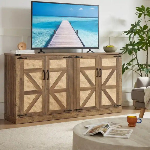 64.96W Rattan Sideboard with 4-Door Storage Cabinet - N/A
