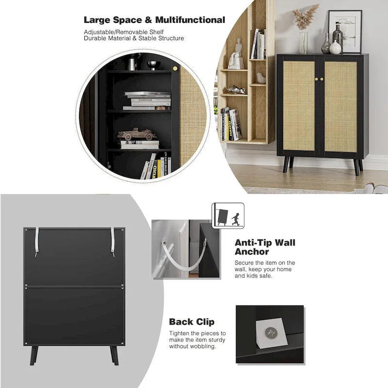 Anmytek Modern 2-Door Black Buffet Sideboard Storage Cabinet Accent Cabinet with Adjustable Shelves - 31.5W x 13.4D x 44H