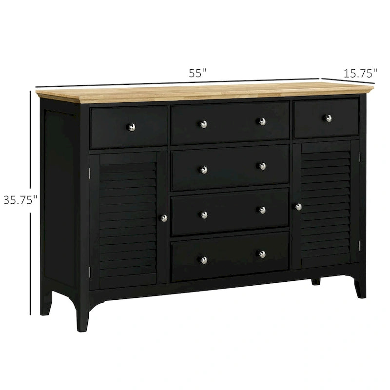 Sideboard Buffet Cabinet with Storage Drawers, Rubber Wood Top and Adjustable Shelves, Kitchen Cabinet Coffee Bar Cabinet, Black
