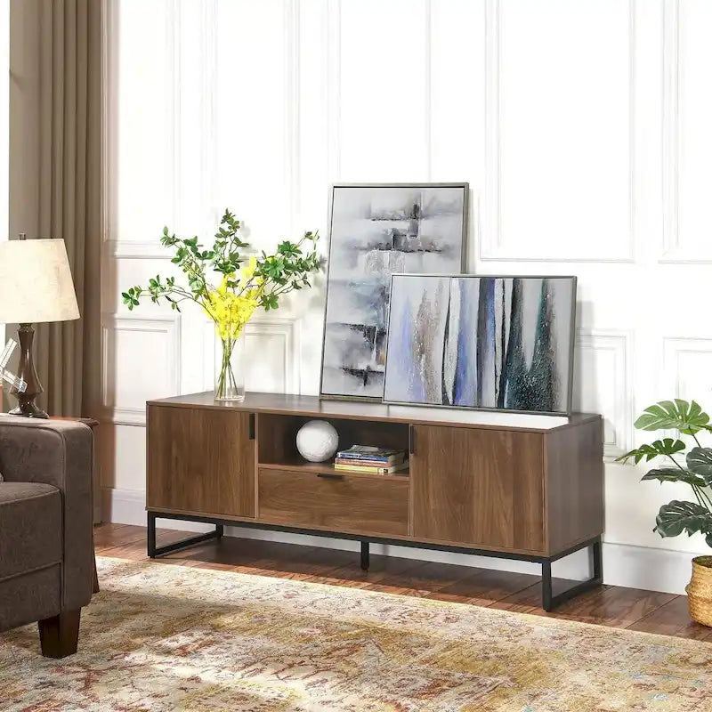 Wood TV Stand Sideboard with 2 Doors Shelves