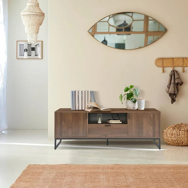 Wood TV Stand Sideboard with 2 Doors Shelves