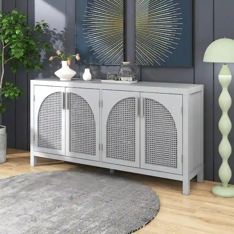 Large Storage Space Sideboard with Artificial Rattan Door and Metal Handles for Living Room and Entryway