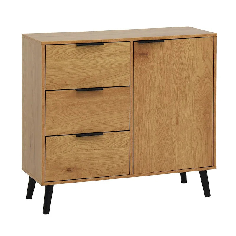 Storage Cabinet with 3 Drawers & Adjustable Shelf, Mid Century Cabinet with Door, Accent Cabinet