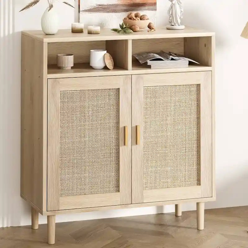 Rattan Sideboard Buffet Cabinet with Shelf - N/A
