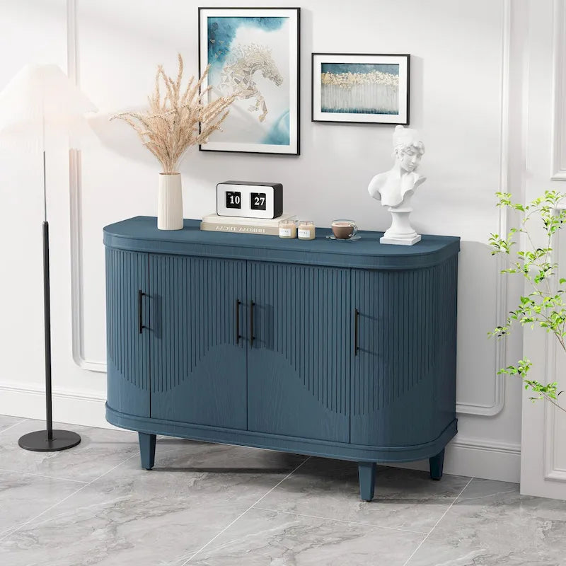Modern Curved Sideboard Storage Cabinet Wooden Cabinet with 4 Doors and Adjustable Shelves