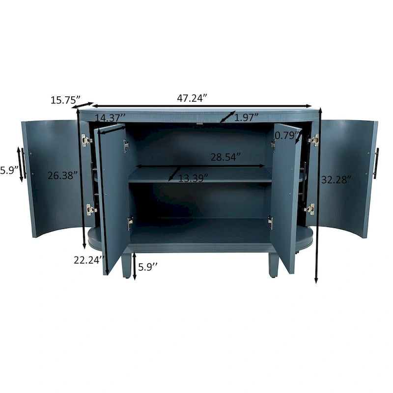 Modern Curved Sideboard Storage Cabinet Wooden Cabinet with 4 Doors and Adjustable Shelves