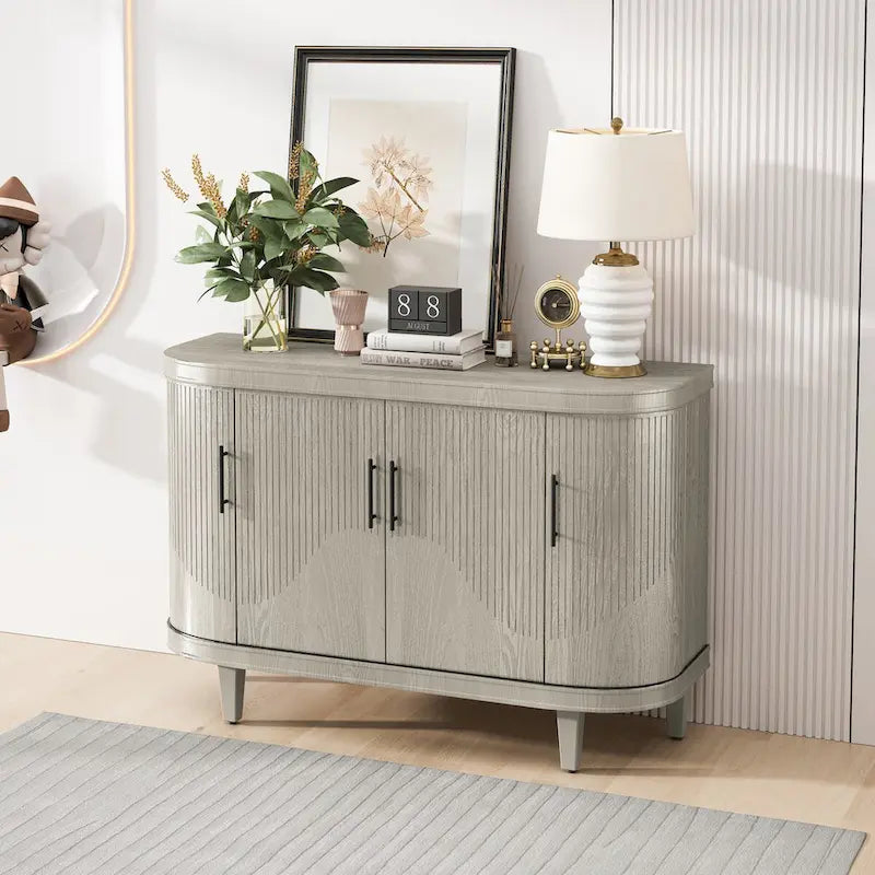Modern Curved Sideboard Storage Cabinet Wooden Cabinet with 4 Doors and Adjustable Shelves