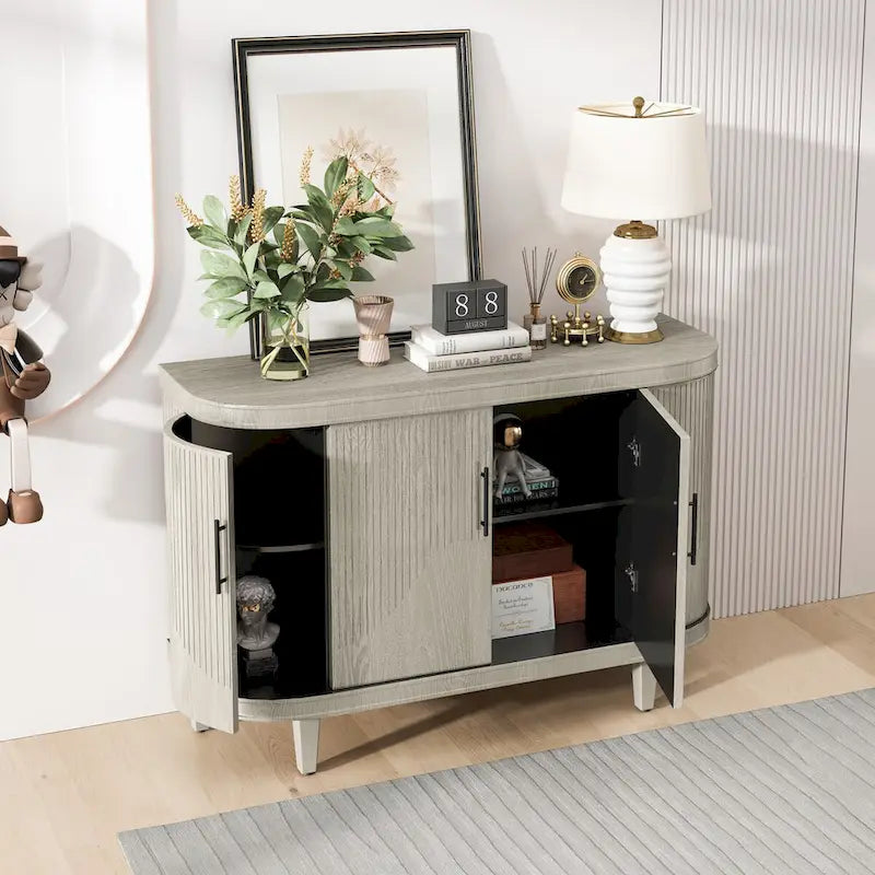 Modern Curved Sideboard Storage Cabinet Wooden Cabinet with 4 Doors and Adjustable Shelves