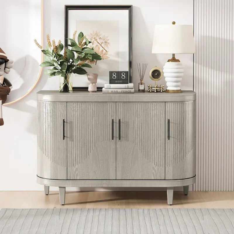 Modern Curved Sideboard Storage Cabinet Wooden Cabinet with 4 Doors and Adjustable Shelves