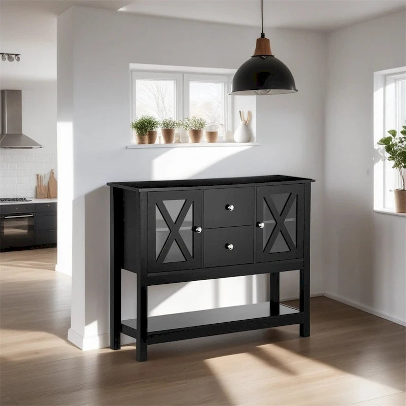 Wood Buffet Cabinet with Storage Drawers and Glass Door - N/A