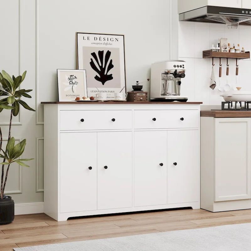 Modern Storage Sideboard Buffet Cabinet with 2 Drawers and 4 Doors for Living Room,Dining room,Kitchen,Coffee Bar, In White