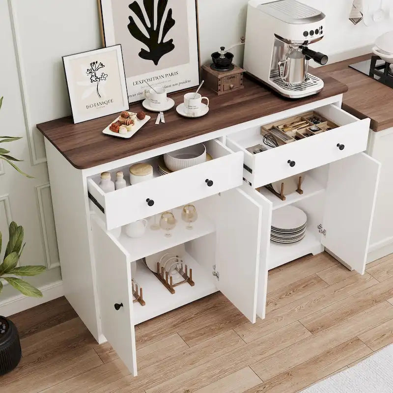 Modern Storage Sideboard Buffet Cabinet with 2 Drawers and 4 Doors for Living Room,Dining room,Kitchen,Coffee Bar, In White