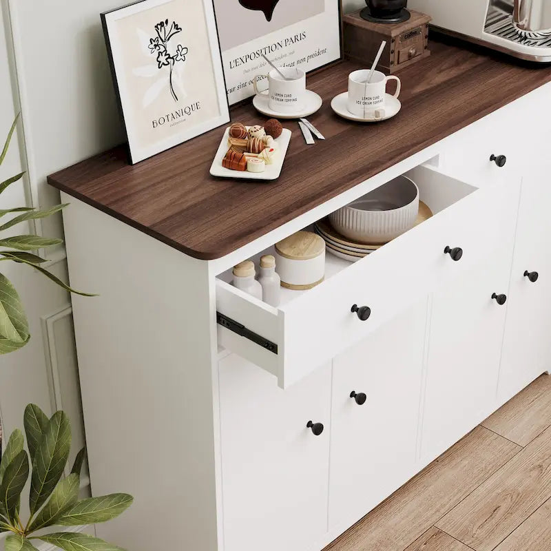 Modern Storage Sideboard Buffet Cabinet with 2 Drawers and 4 Doors for Living Room,Dining room,Kitchen,Coffee Bar, In White