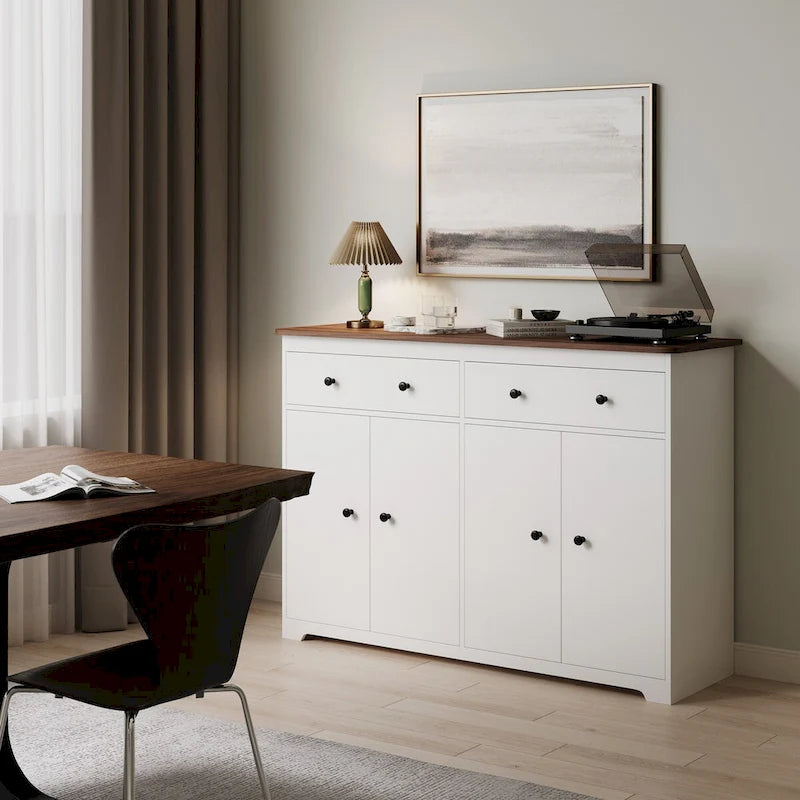 Modern Storage Sideboard Buffet Cabinet with 2 Drawers and 4 Doors for Living Room,Dining room,Kitchen,Coffee Bar, In White